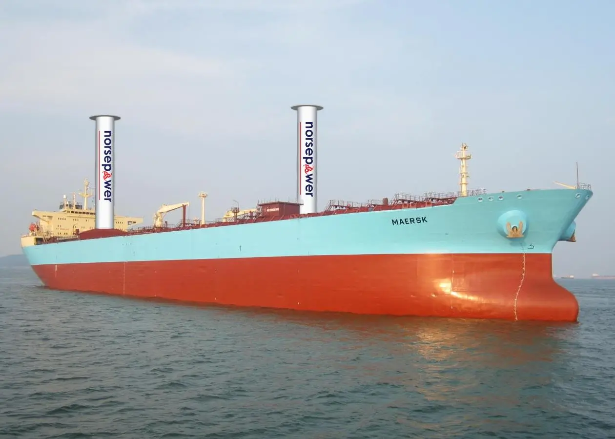 Illustration of a Maersk P-Class LR2 product tanker with two 30m x 5m Norsepower rotor sails