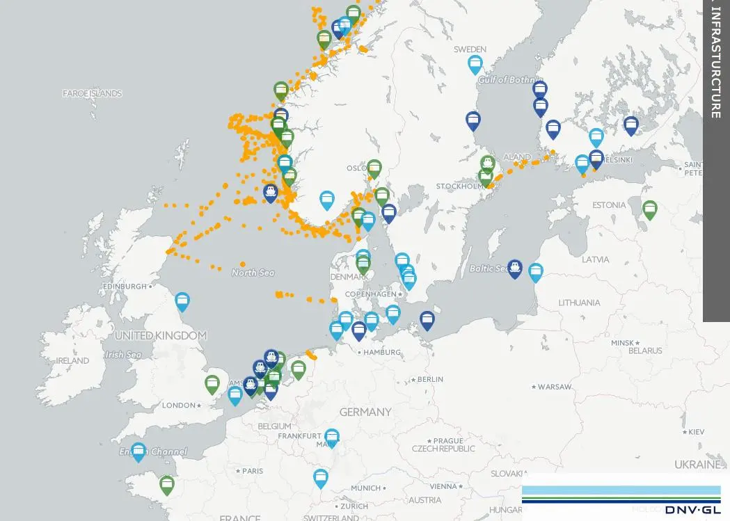 LNG bunkering map in Europe as displayed in the LNGi portal (image: DNV GL)