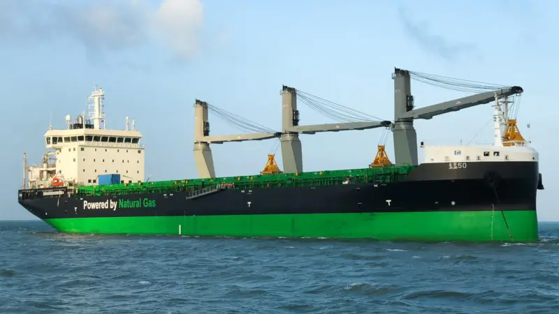 Pictured on trials off the China coast, Haaga is the first of two LNG-fuelled, handysize bulkers for Baltic trade (credit: Jussi Vaahtikari/ESL Shipping)