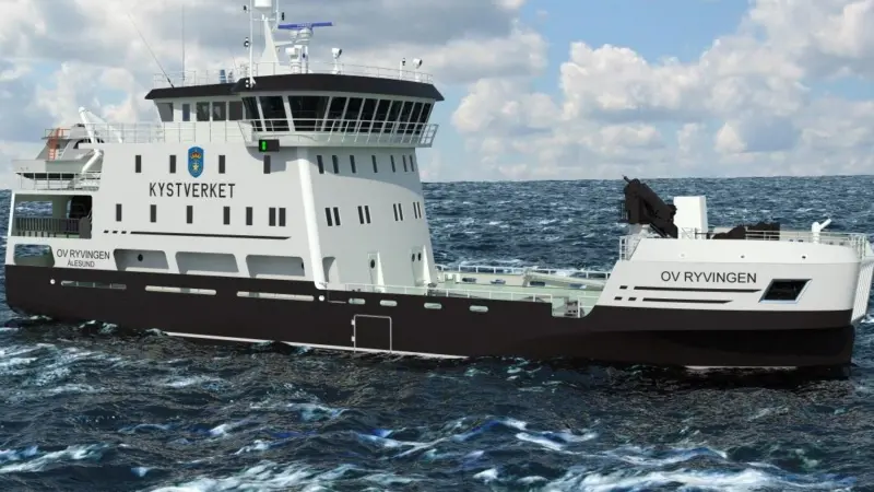 An illustration of the advanced coastal multipurpose vessel 'OV Ryvingen', a showcase for multiple energy-saving technologies (credit: Rolls-Royce Marine)