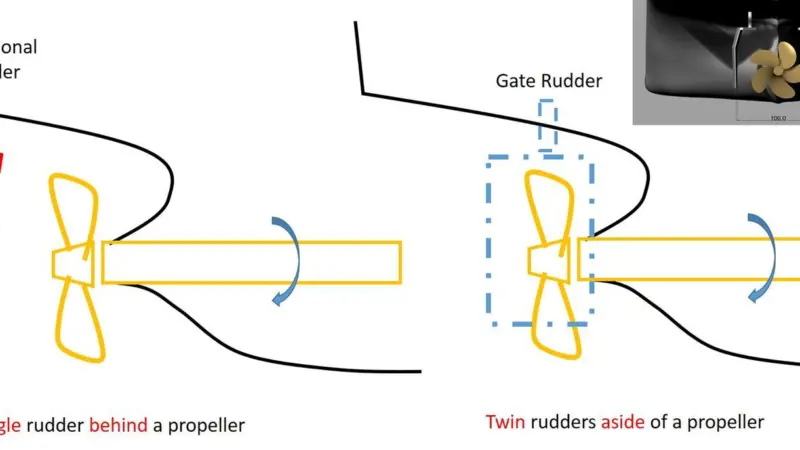 The Gate Rudder creates thrust (equivalent to 5-10 percent of hull resistance) rather than the additional hull resistance from a conventional rudder.
