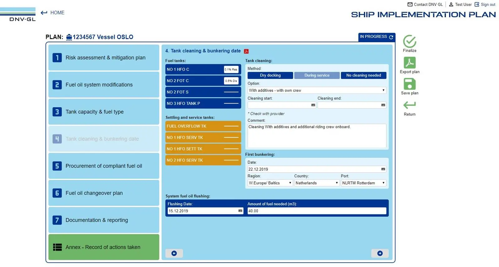 Sample vessel in DNV GL’s web-based Ship Implementation Plan application.