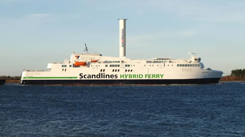 An illustration of M/V Copenhagen with a Norsepower Rotor Sail Photo: Norsepower