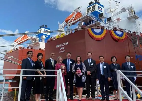 Naming ceremony for the ‘M/T Mari Couva’ and ‘M/T Mari Kokako’ at the Hyundai Mipo Dockyard in Ulsan, Korea Photo: Methanex Corporation