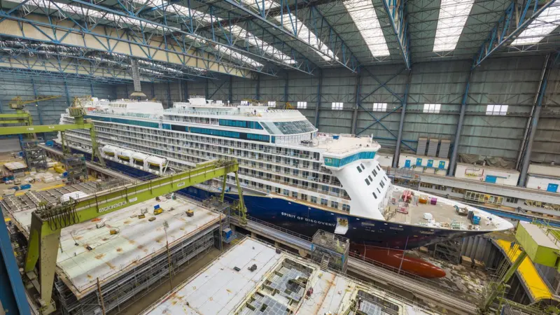Saga Cruises’ Spirit of Discovery taking shape in Meyer Werft’s Papenburg building hall (photo credit: Meyer Werft).