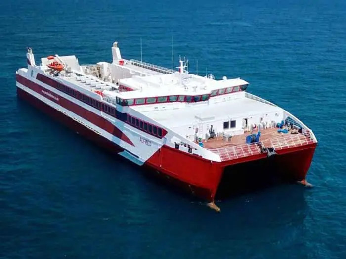 Built in Vietnam to a British design, the catamaran ferry Alfred has arrived in Orkney. (Courtesy of Pentland Ferries).