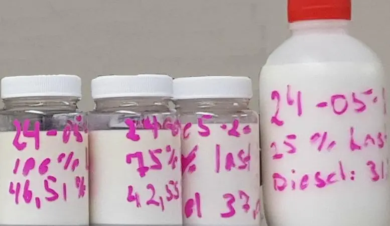 Using emulsified fuel (such as the samples pictured) brought NOx emissions below Tier III limits, and also lowered soot and carbon monoxide emissions (courtesy of MAN ES)