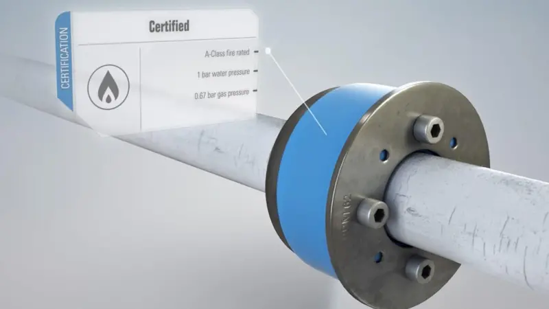 The Roxtec SPM seal holds the pipe in place by use of a metal and rubber sandwich.