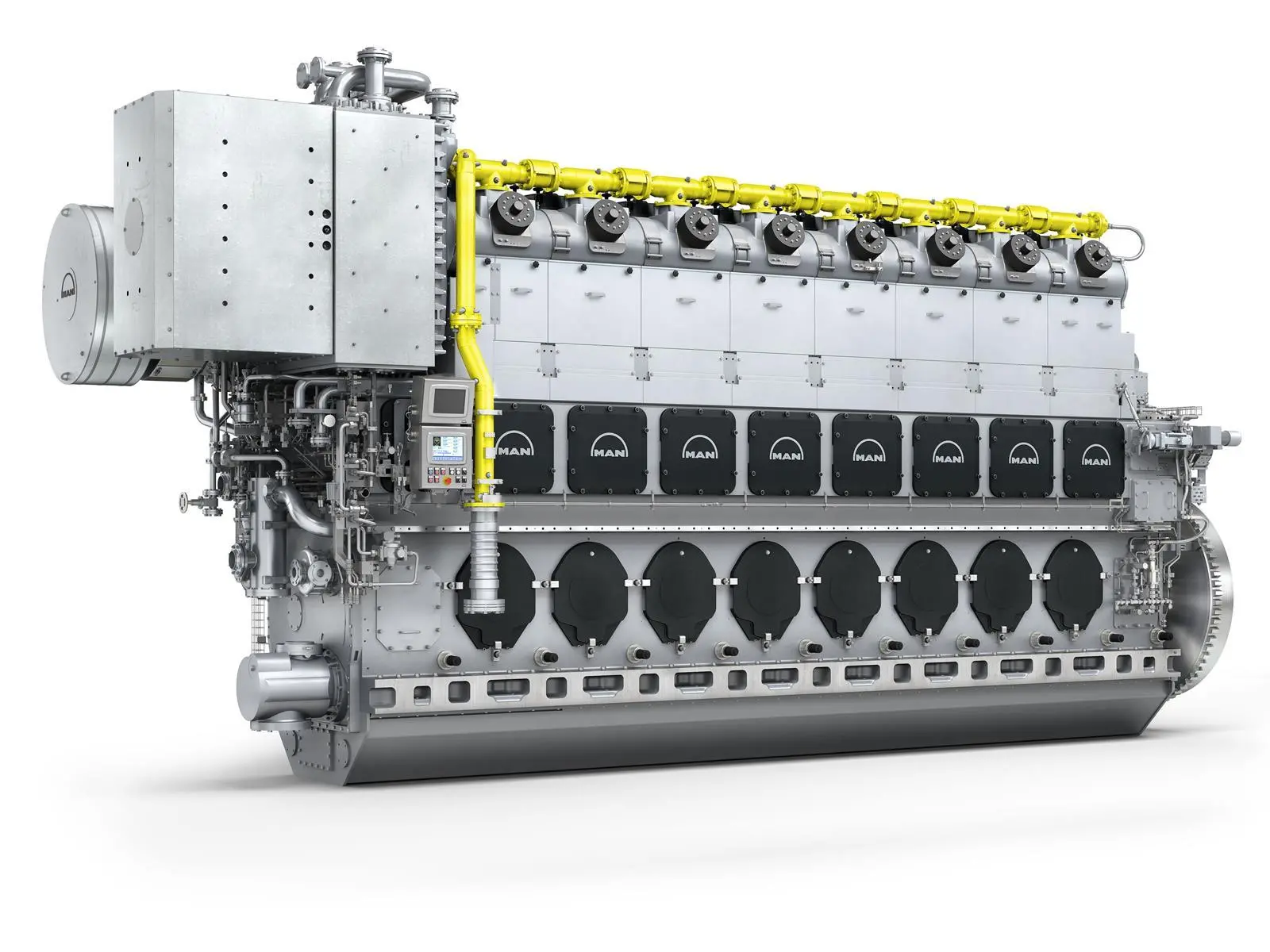 The MAN 51/60DF engine is a dual-fuel engine that converts liquid fuel (diesel operation) or natural gas into electrical power efficiently and with low emissions.
