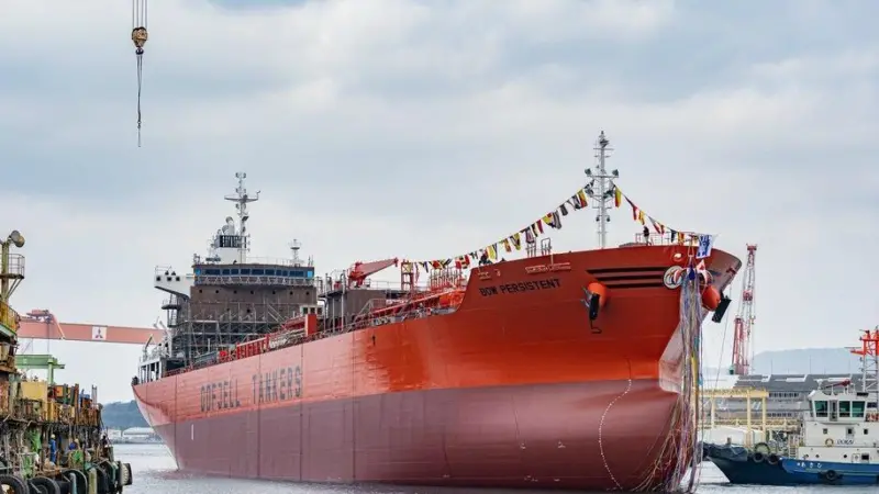 The Bow Persistent parcel tanker, pictured at her naming ceremony in January. (Credit: Odfjell)