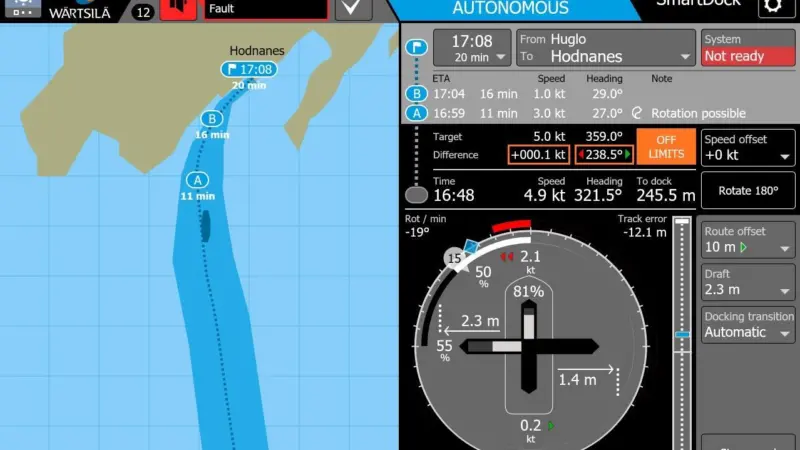 SmartDock screenshot, showing speed, heading, distance to berth, and automatic track. Image: Wärtsilä
