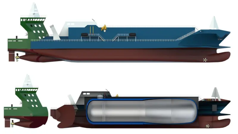 The design for NaviForm's Detachable Stern Vessel (DSV) eliminates the 12% fuel penalty incurred by traditional ATBs (credit: NaviForm)