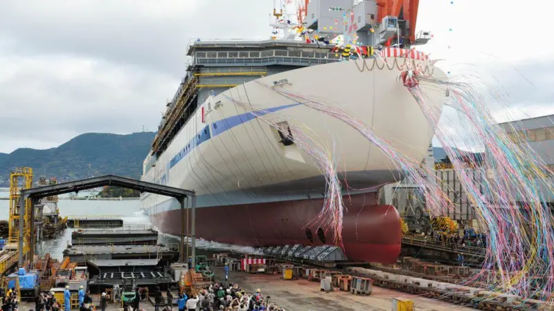 A market niche: ro-pax ferry launch at Mitsubishi’s Shimonoseki yard. (credit: MHI).