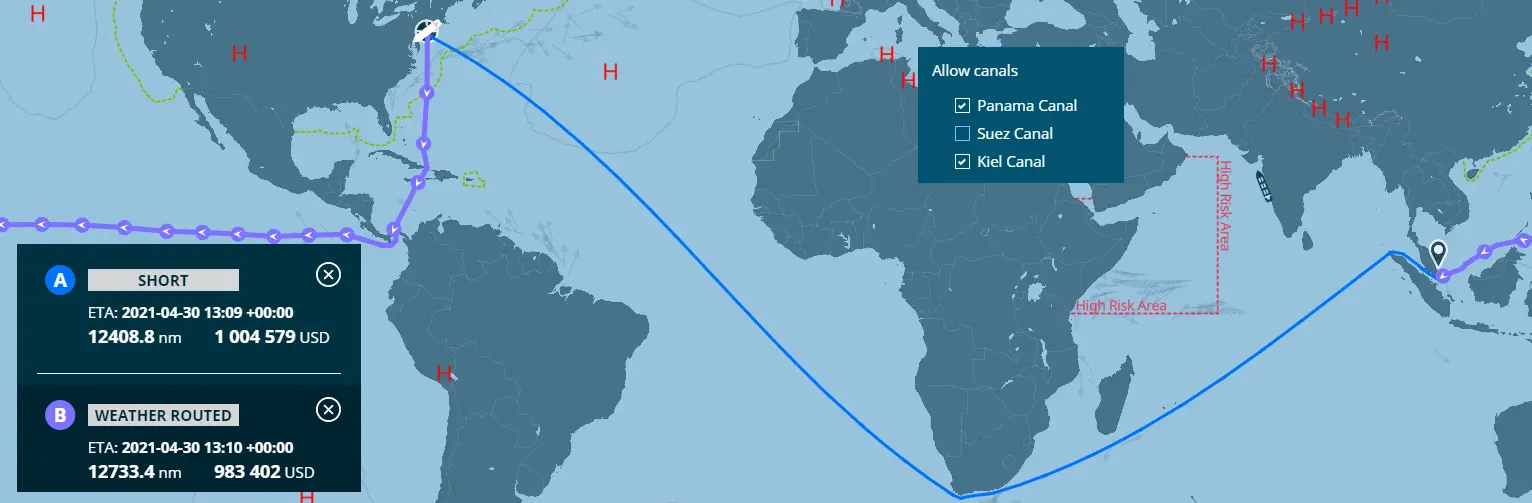A NAPA study identified more efficient routes from New York to Singapore during the recent Suez Canal disruption. (credit: NAPA)