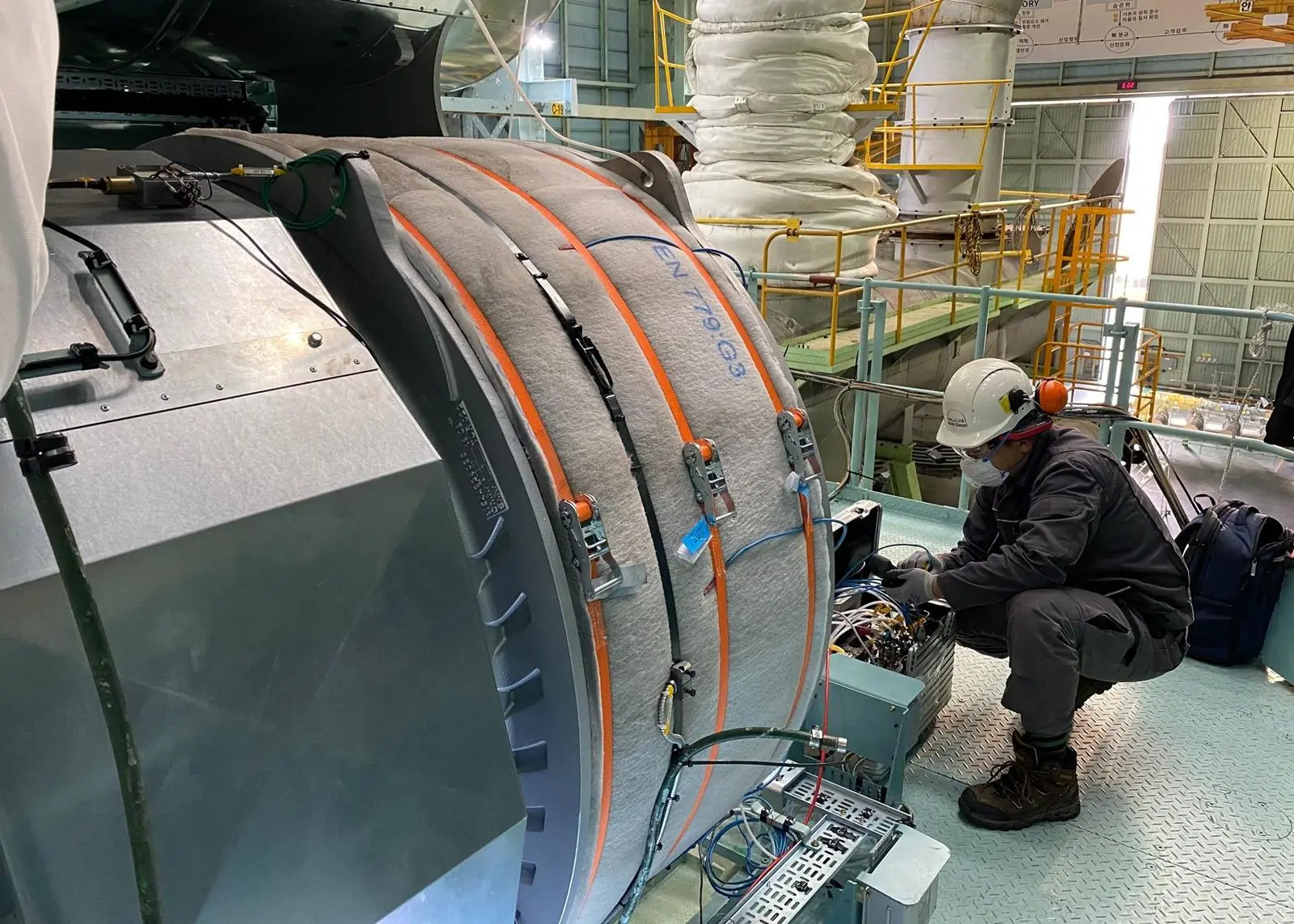 The PBST TCT60 type turbocharger pictured during the shop test at HSD Engine in Korea. (credit: PBST)