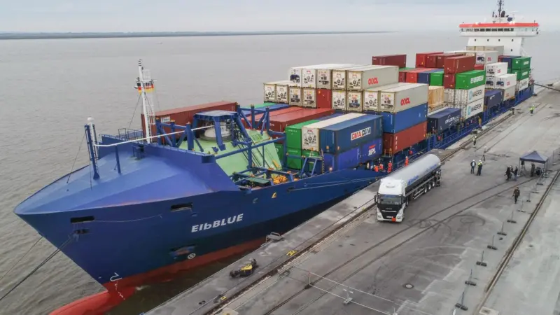 The containership ElbBLUE bunkered green SNG (Synthetic Natural Gas) at the Elbe port in Brunsbüttel, Germany on 29 September 2021.