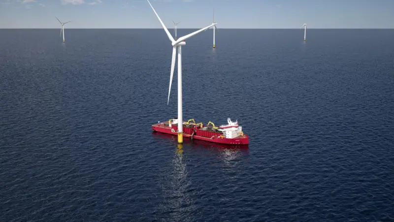 A new direction for US shipbuilding: a subsea rock installation vessel to be used in wind farm schemes.