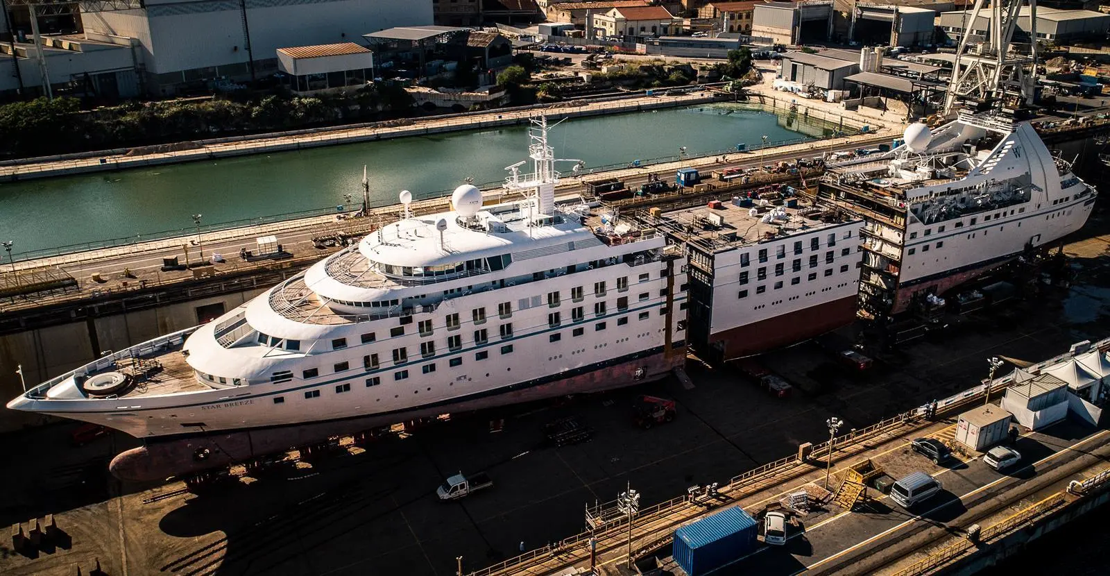 One of the vessels, Star Breeze, undergoing renovation in Palermo, with a new 25.6 metre section being added in the middle.