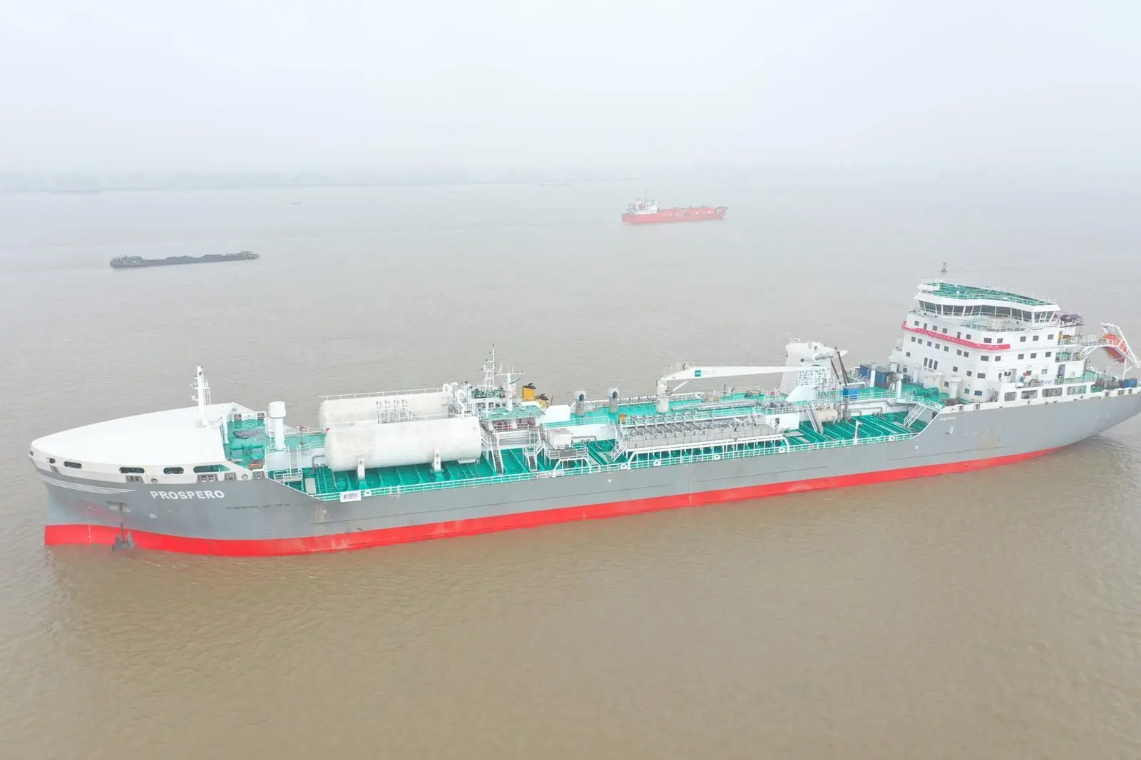 Chinese-built Prospero, with funnel on deck for passage under Nanjing Bridge on the Yangtze.