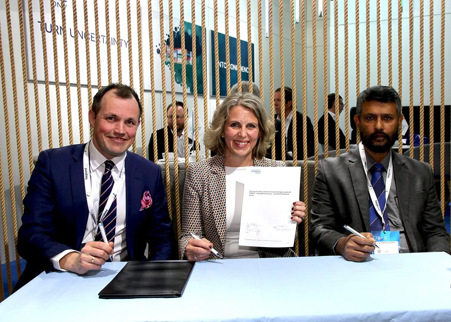 Håkon Vevang, Chief Commercial Officer of Edda Wind, Tuva Flagstad-Andersen, Regional Manager, Region North Europe at DNV, and Lal Hettiarachchi, General Manager (Projects engineering) at Colombo Dockyard.