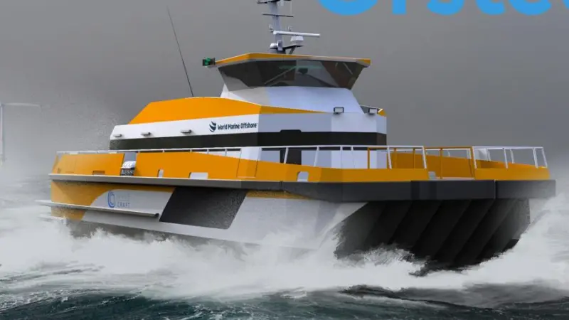 A hydrogen powered catamaran design employing surface effect ship (SES) technology (pictured in a CTV) is one of three design concepts competing for development funding in Norway.