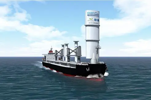 A rendering of the bulk carrier featuring a rotor sail and hard sail installation.