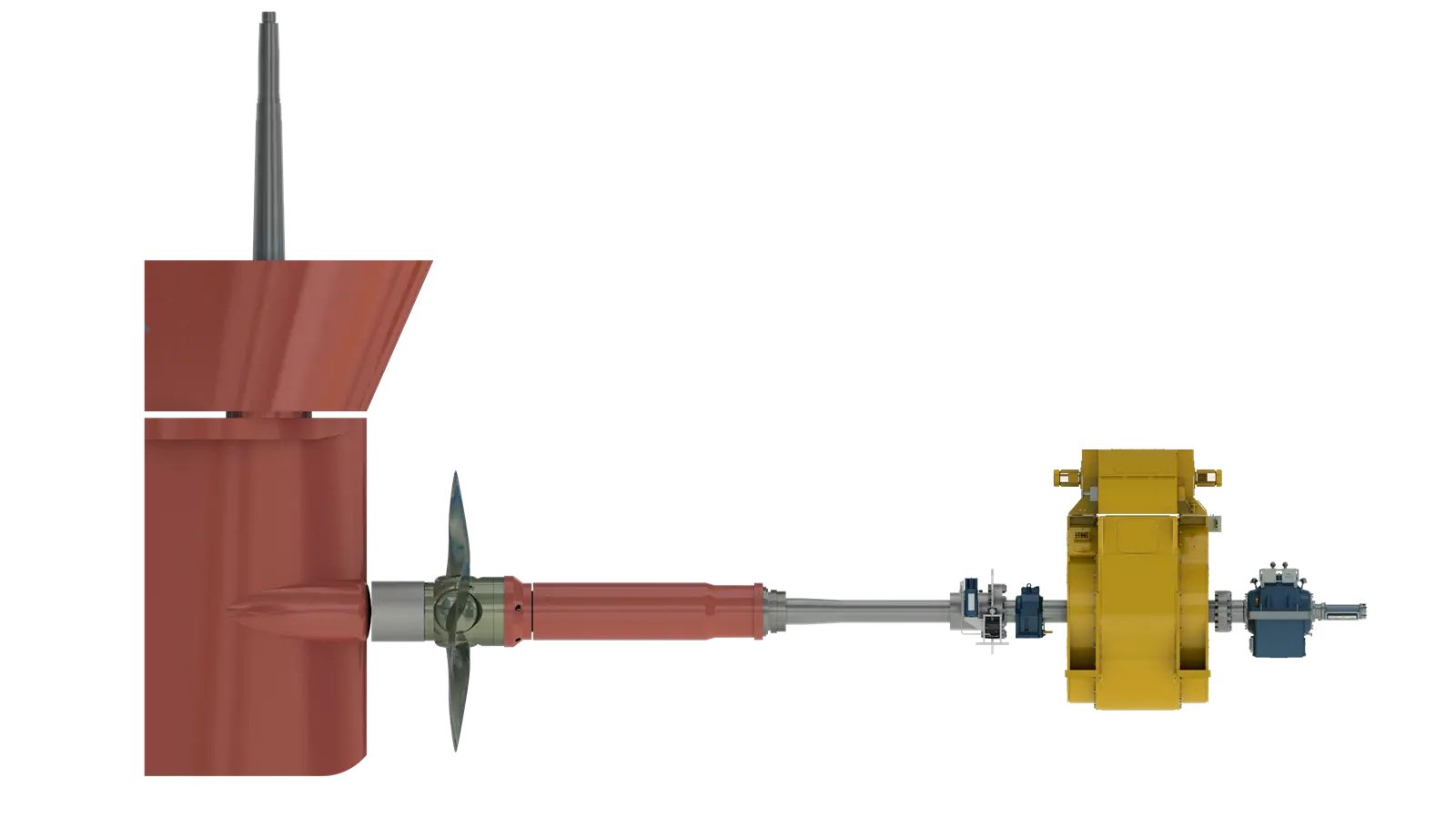 Berg Propulsion’s patented PM drive arrangement has the shaft passing through the motor but supported on its own bearings