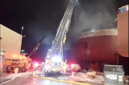 The stern of the Roger Blough during firefighting efforts.