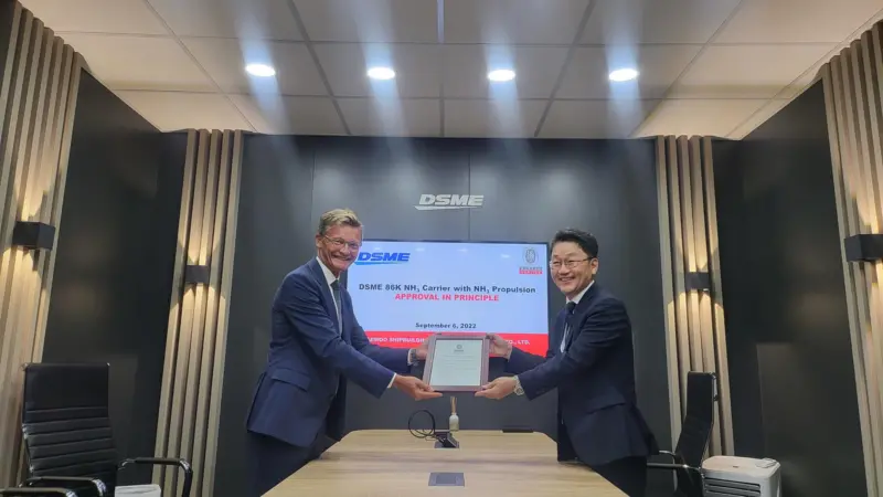 DSME received an Approval in Principle for an 86,000 cbm NH3 Carrier with NH3 Propulsion at Gastech in Milan on 7 September 2022.