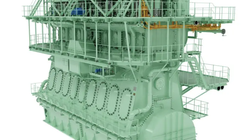 A rendering of an 8-cylinder MAN B&W G95MEC-10.5-LGIM.