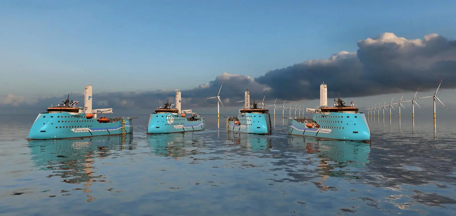 Artist's impression of four Acta Marine CSOV with offshore wind turbines in the background