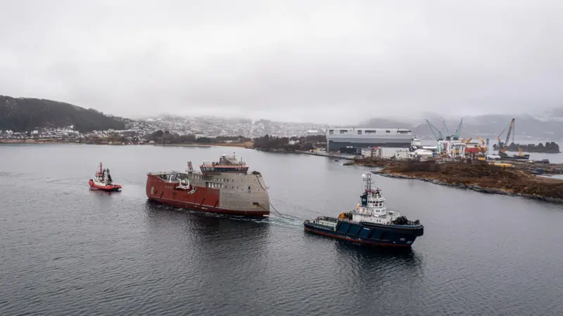 The hull of yard no. 318 arriving at Ulstein Verft's yard in Norway for outfitting