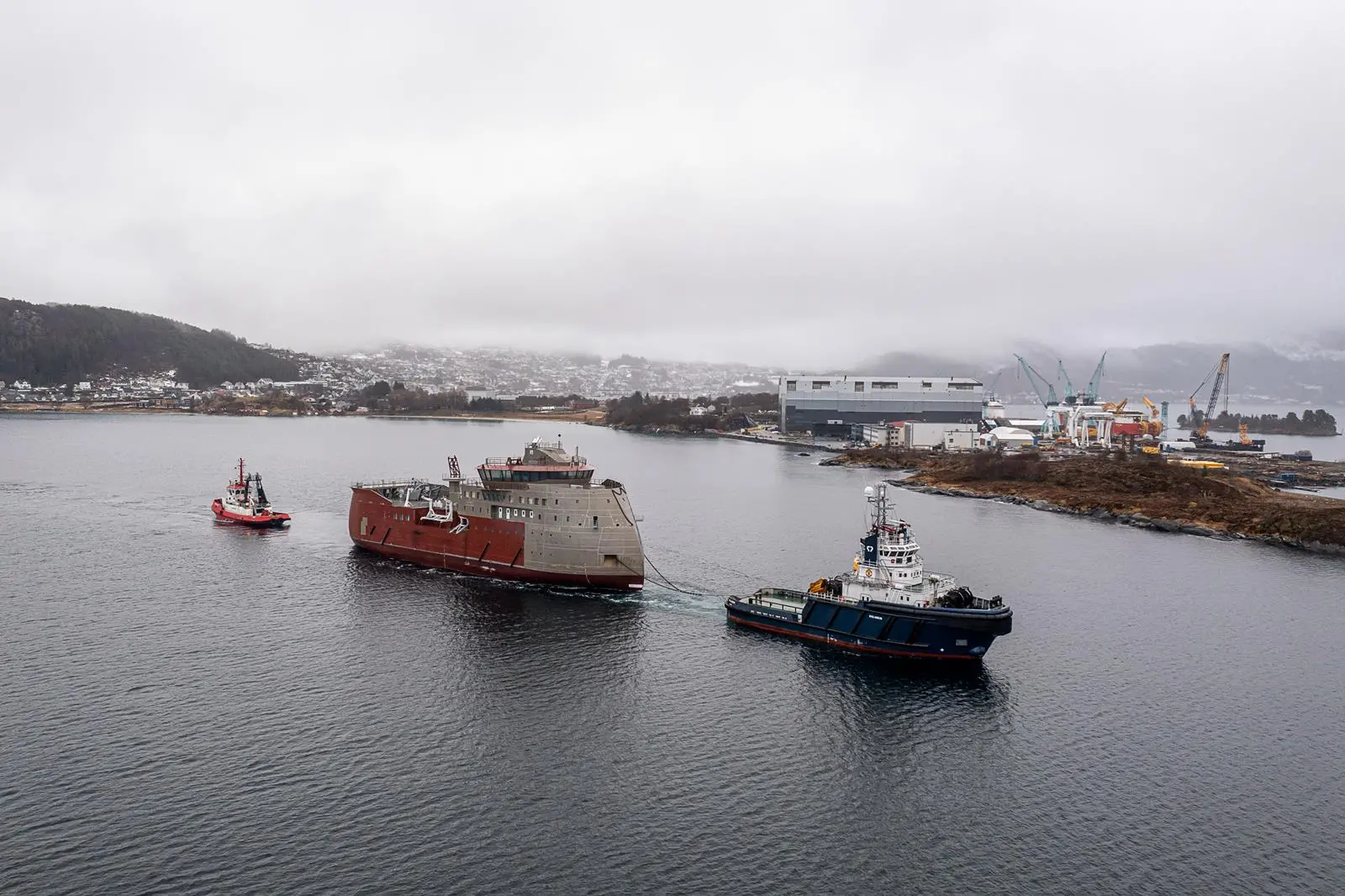The hull of yard no. 318 arriving at Ulstein Verft's yard in Norway for outfitting