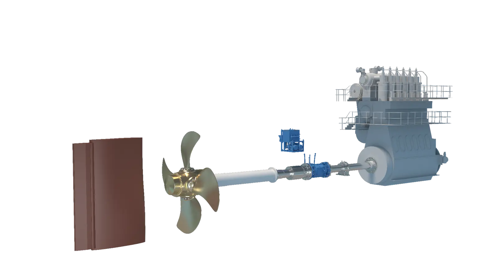 Typical propulsion arrangements for a shuttle tanker with a large 2-stroke engine coupled to a shaft line consisting of an oil distribution box, propeller shaft, and controllable pitch propeller