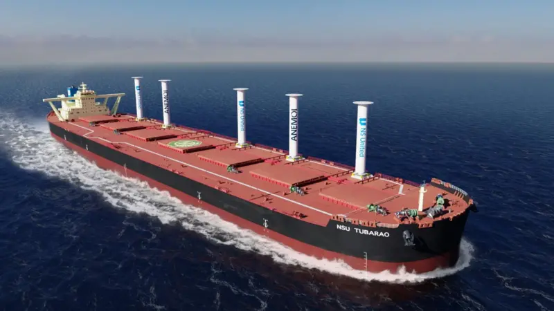 Graphic of 'NSU Tubarao' VLOC with five rotor sails on board