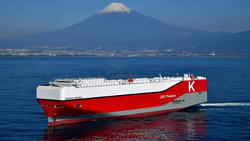 K Line's Oceanus Highway LNG car carrier at sea with Mount Fuji in the background