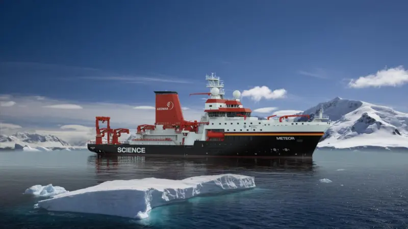 Render of the METEOR IV research vessel with land and icebergs