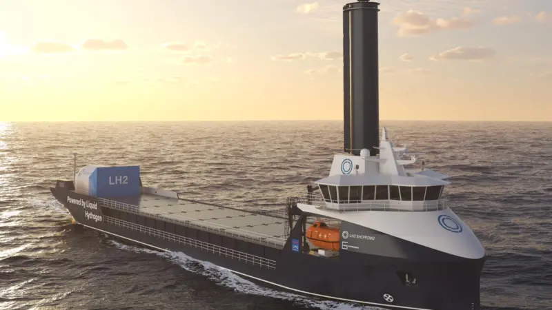 The image shows the NordBulk by LH2 Shipping AS, powered by liquid hydrogen (LH₂) on the water at sunrise