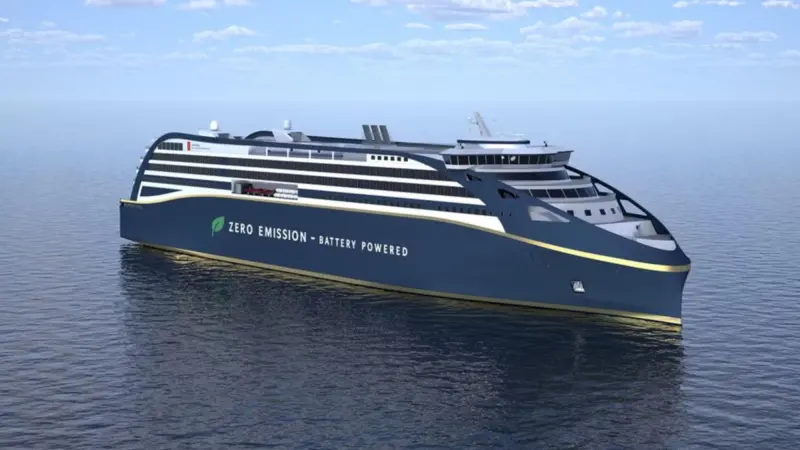 A supplied render of a electric RoPax ferry on the water