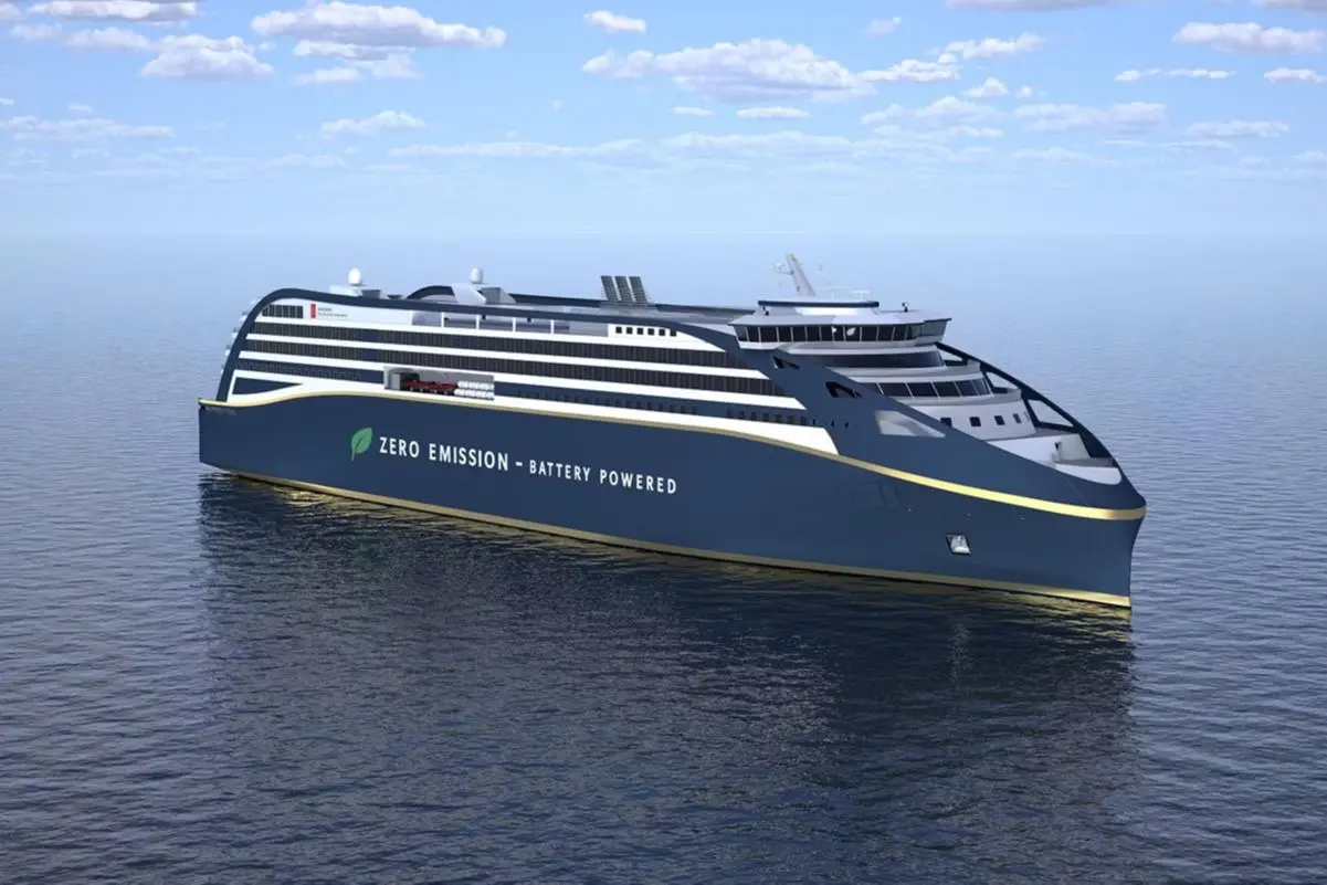 A supplied render of a electric RoPax ferry on the water