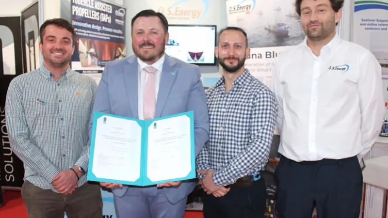 (l-r) Oliver Cornforth, head of projects at O.S. Energy; Steve Windrim, senior client relationship manager, Lloyd's Register; Nik Lekkas, CTO at Ecomar Propulsion; and Martin Nuernberg, director, O.S. Energy